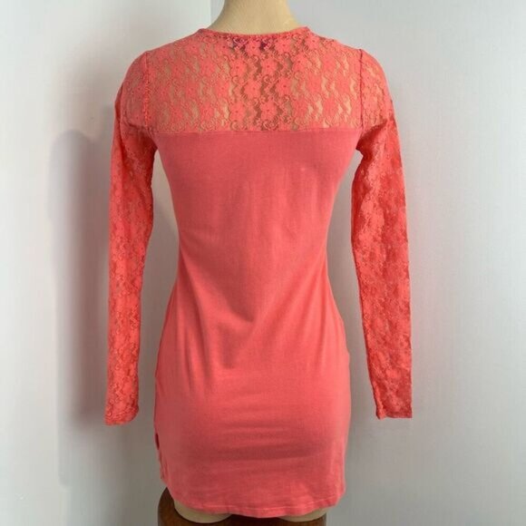American Heritage Women’s XS Coral Pink Orange Mini Dress Long Sleeve Lace - Picture 3 of 13